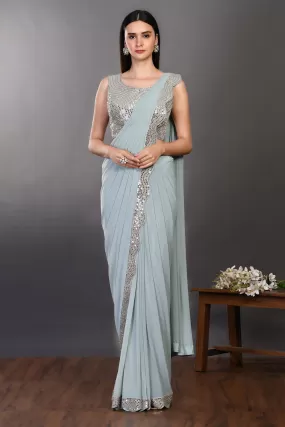 90Z941-RO Powder Blue Silk Saree With Mirror Work