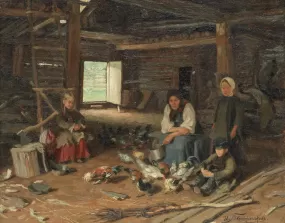 Barn interior with peasants and poultry