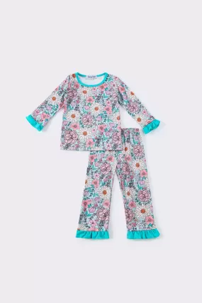 Blue floral ruffle girl pajamas set pre order 8-07-2024