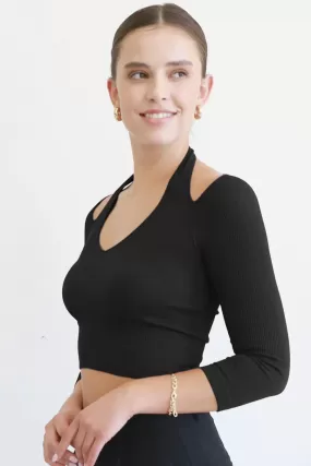 Emilia 3/4 Sleeve Ribbed Halter Crop Top