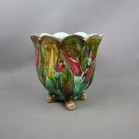 French Art Nouveau Majolica Jardiniere With Floral Design Antique Victorian c1890