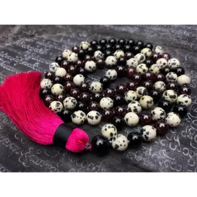 Garnet, Onyx & Dalmatian Jasper Knotted 8mm Mala with Silk Tassel #13