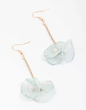 Gold & Blue Cupchain Flower Pearl Drop Earrings