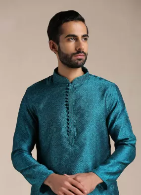 Manyawar Peacock Blue Jacquard Patterned Kurta Set