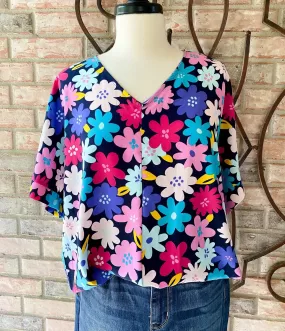 Navy & Fuchsia Groovy Flower Top