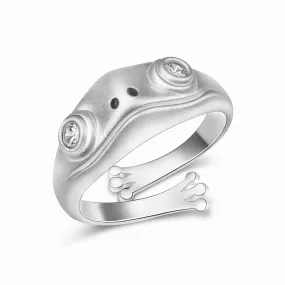 Open White CZ Adjustable Frog Ring Sterling Silver