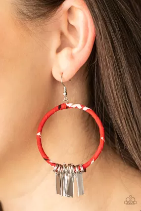 Paparazzi Earring ~ Garden Chimes - Red Fabric Floral Hoop Earring