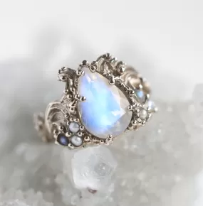 Pear Moonstone Ring, Floral Vintage Style Moonstone Engagement Ring With Pearls