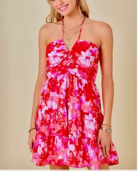 Pink floral pattern halter mini dress with self tie