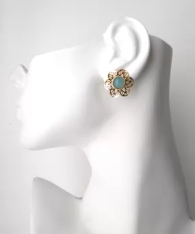 Round Blue Agate Stud with Cutout Gumamela Earring Jacket