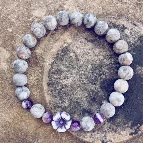 serenity // fossil jasper with purple & white hibiscus flower bead mala bracelet