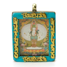 Tibetan Deity Bodhisattva Avalokiteshvara Guanyin Pendant Blue Howlite Border with Ohm Mani Padme Ohm Verse # 43 - 6