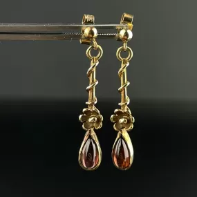 Vintage 9K Gold Flower Garnet Dangle Earrings